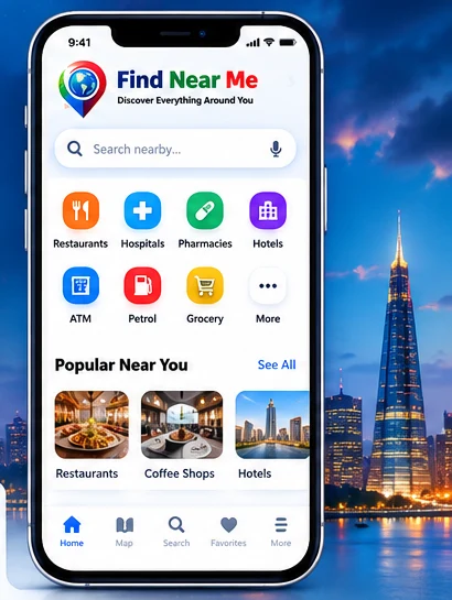 Find Near Me Android app preview showcasing search, categories and navigation